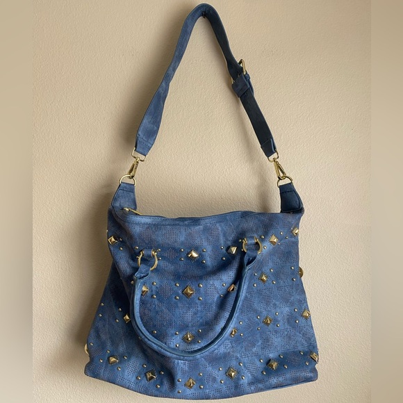 Steve Madden Large Blue Purse Gold Studded Tote Shoulder Bag NWOT - Picture 3 of 11